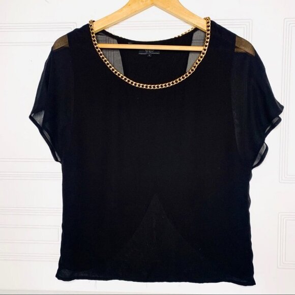GUESS SHEER BLACK TOP SHORT SLEEVES WOMEN DESIGNER TOP GOLD CHAIN NECK SMALL - Picture 2 of 9